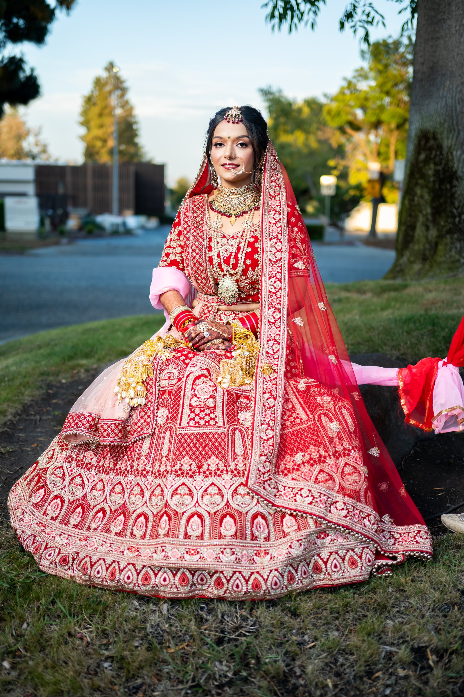 Alisha and pankaj dusk lehenga spread on grass