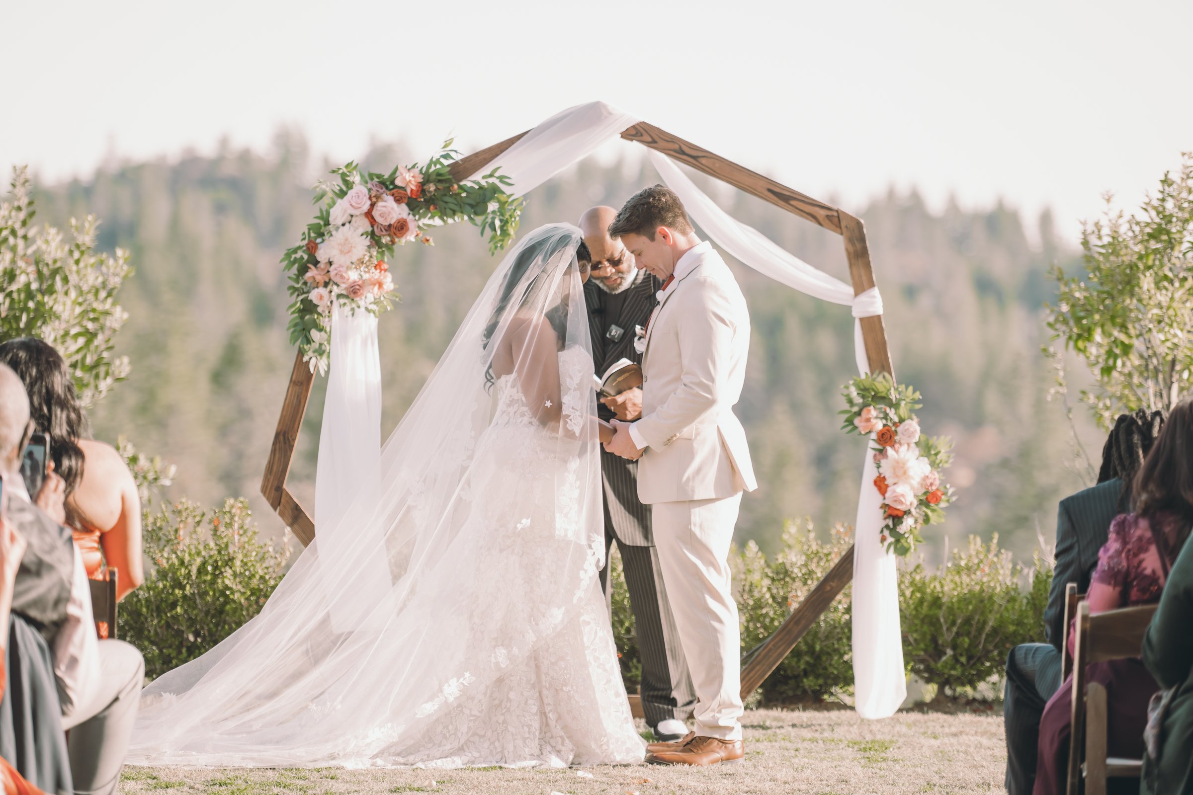 Ariel and devaughn's wedding vows under hexagon arch veil train